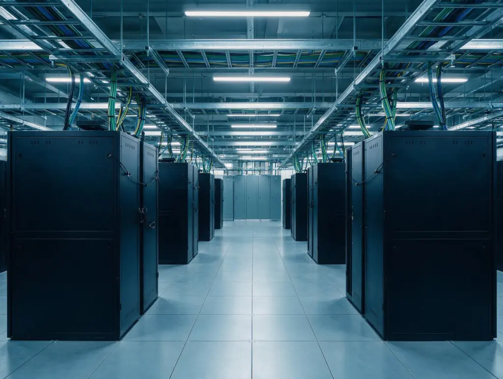 Data center white space with server racks and structured cabling