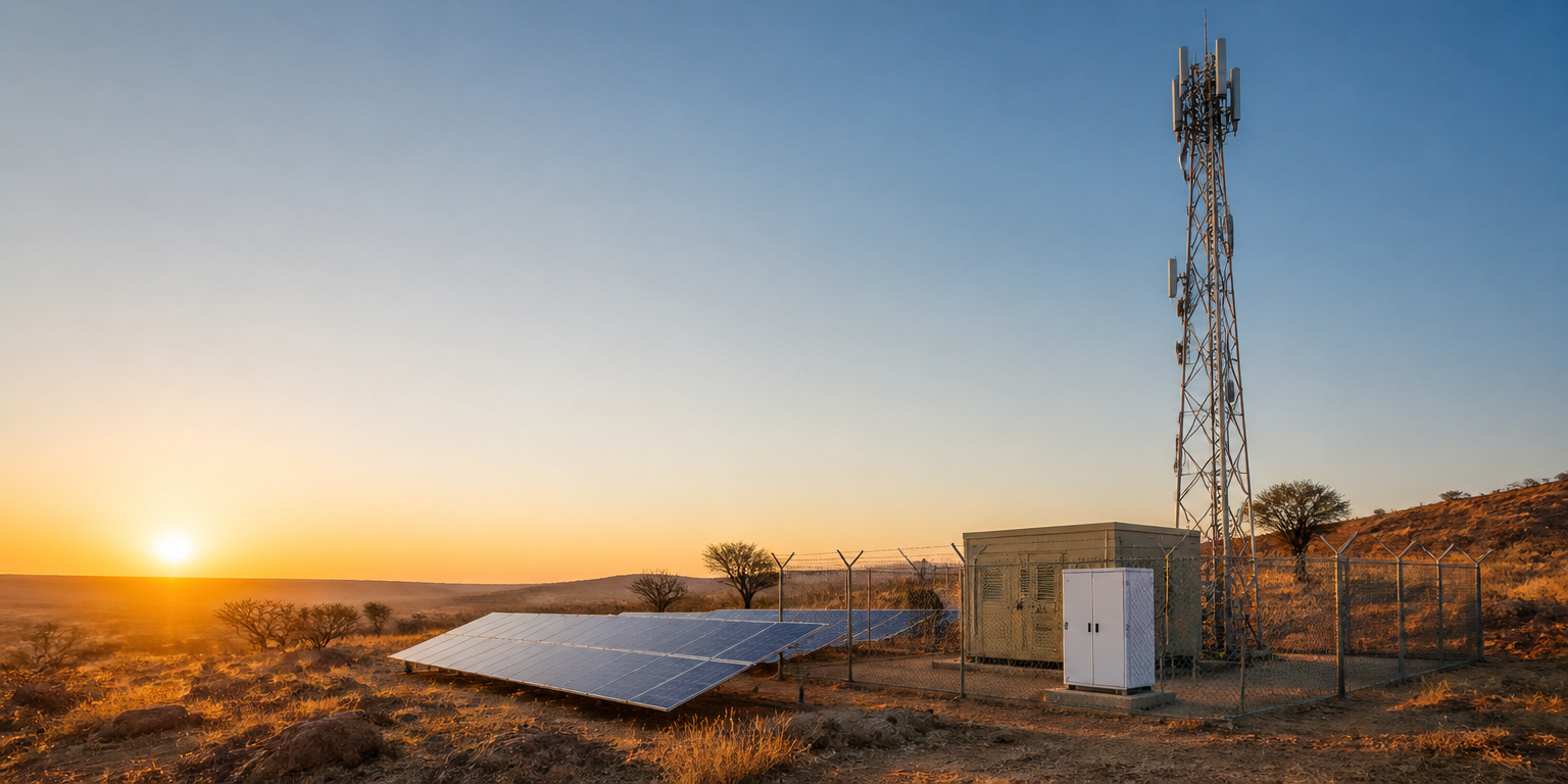 Remote telecom tower compound with hybrid solar and battery power at sunrise