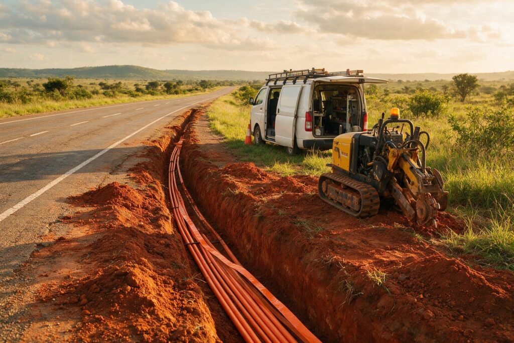 Underground fibre duct trenching along a rural highway