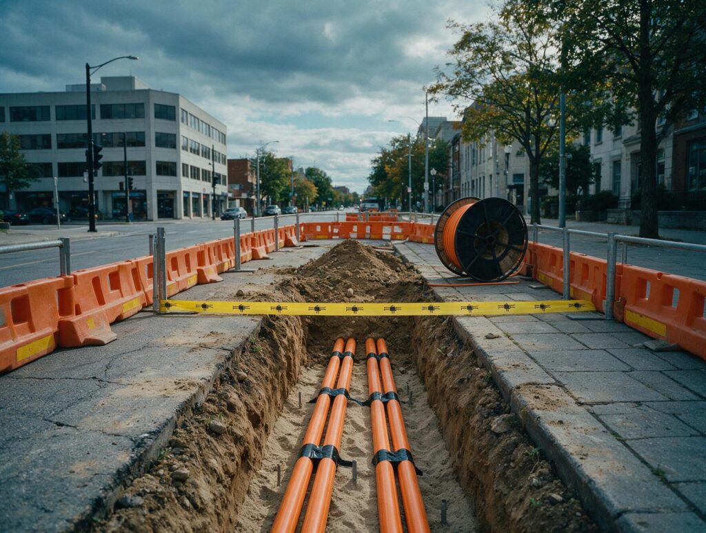 Underground fibre optic duct laid in an open trench