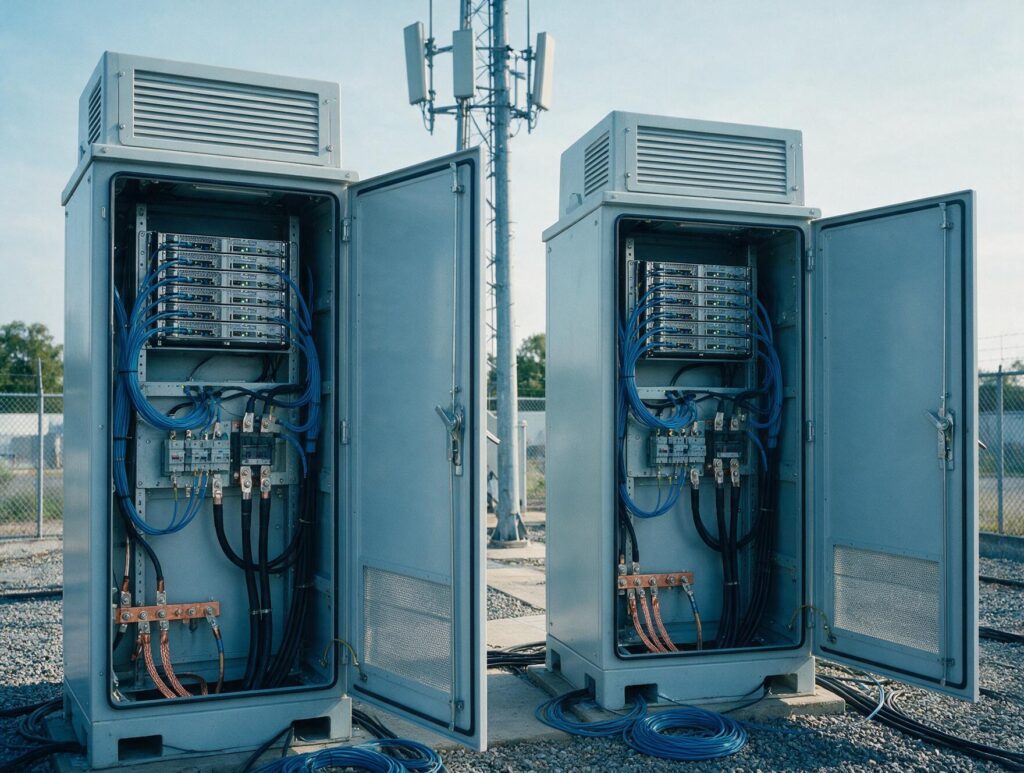 RAN equipment cabinet with radio units and cabling