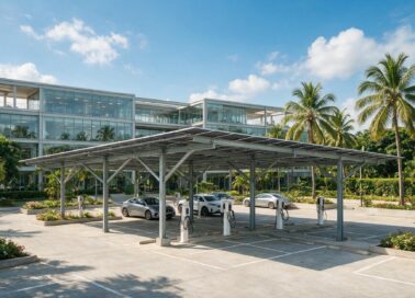 Solar carport with EV charging at an office campus in Accra