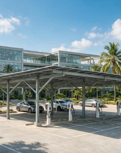 Solar carport with EV charging at an office campus in Accra Solar carport with EV charging at an office campus in Accra