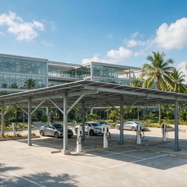 Solar carport with EV charging at an office campus in Accra
