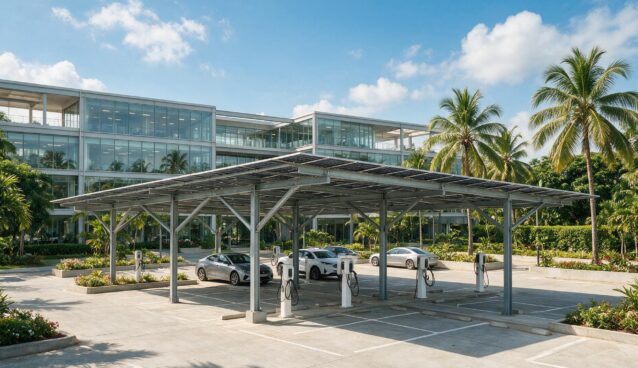 Solar carport with EV charging at an office campus in Accra