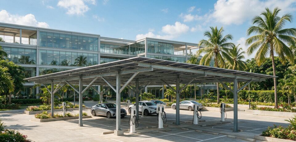 Solar carport with EV charging at an office campus in Accra