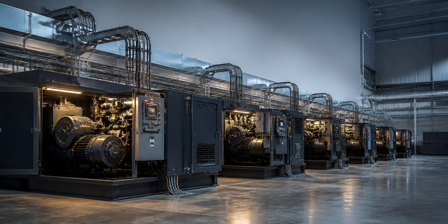 Row of industrial diesel generator sets in a power plant hall