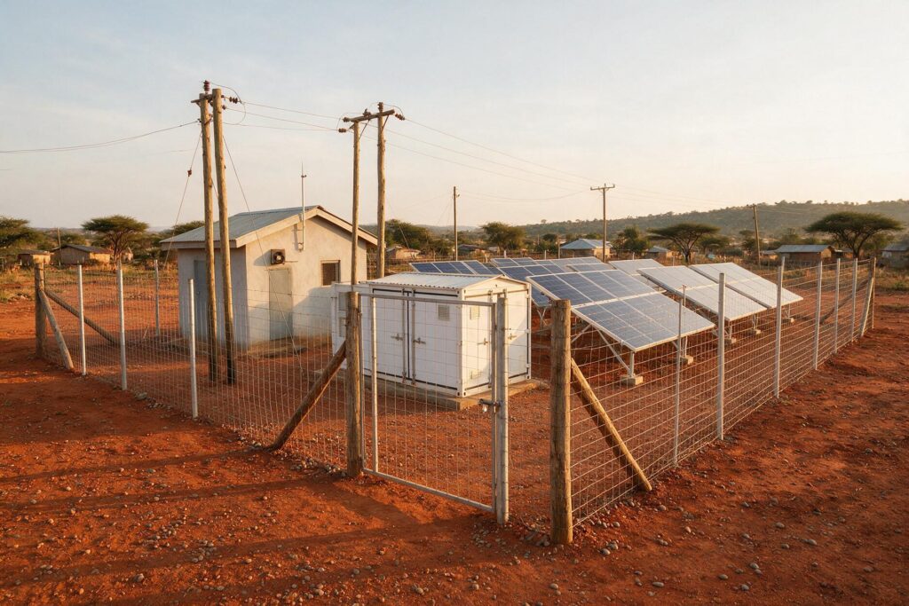 Village mini-grid with solar array and battery container