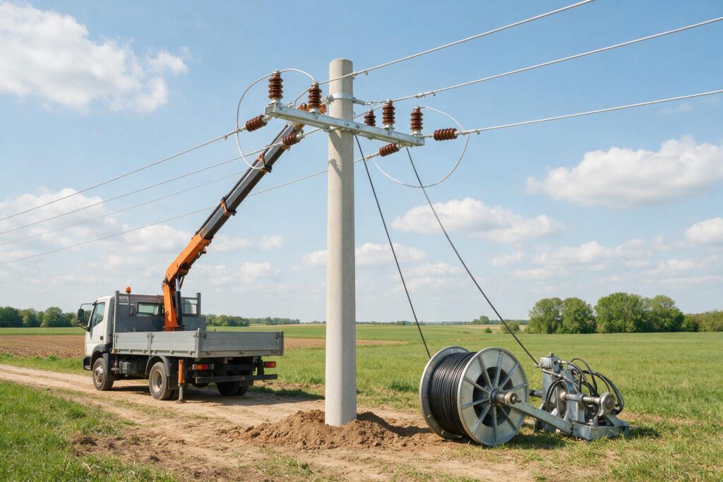 Overhead medium-voltage distribution line under construction