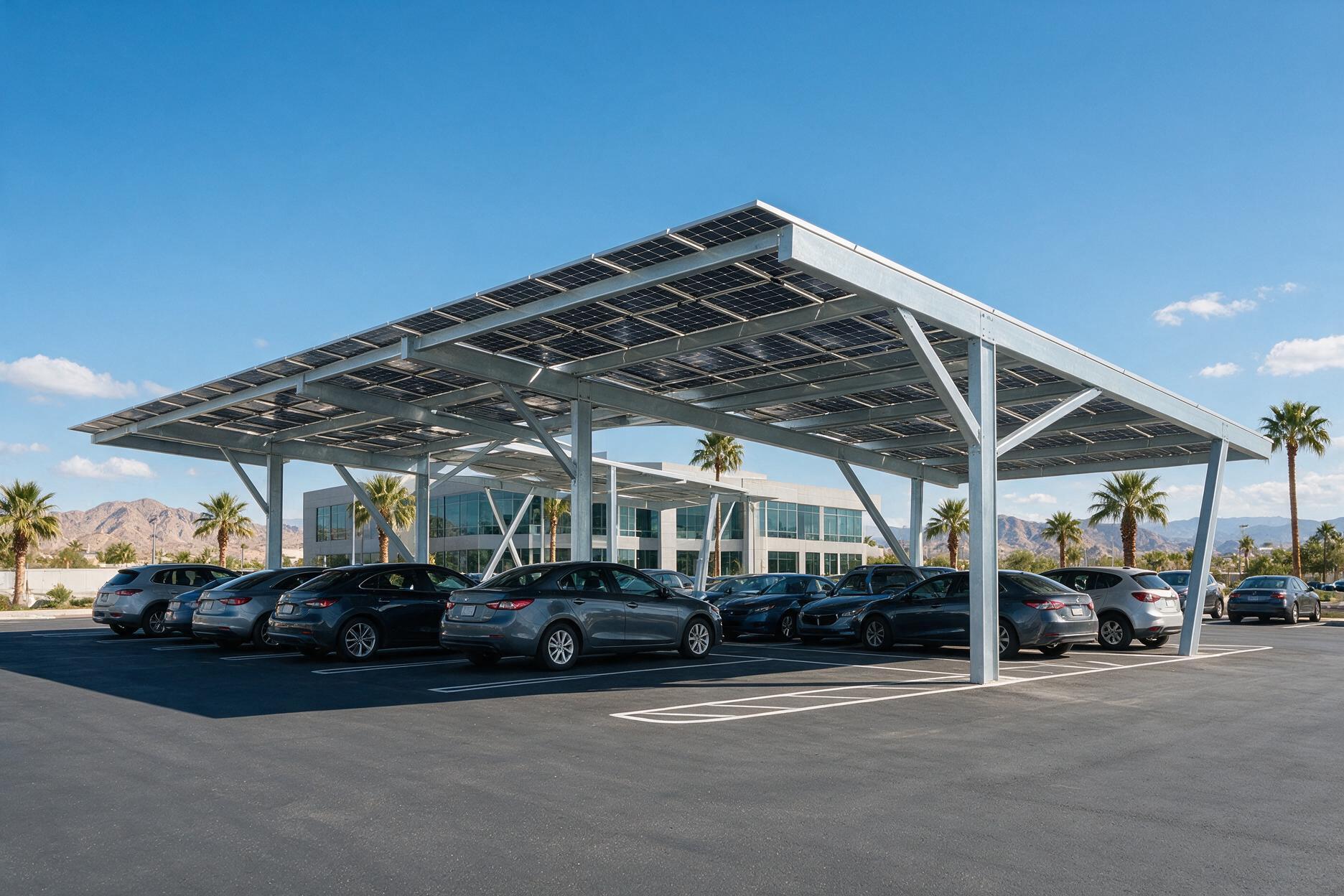 Solar carport canopy over a company parking lot