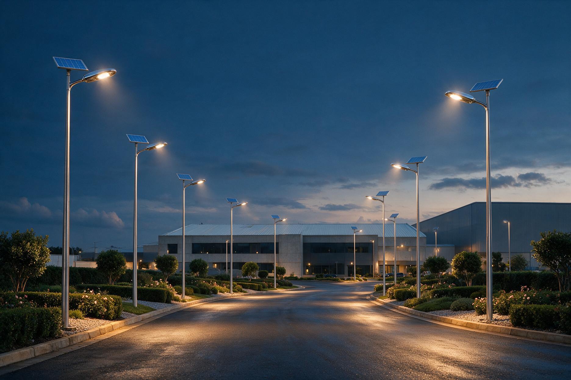 Solar-powered LED street lighting on a site access road